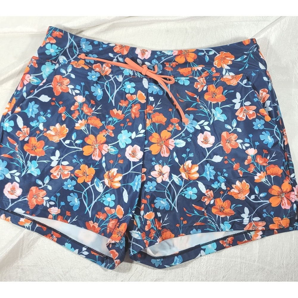 Tempt Me Women's Floral Swim Shorts w/ Brief - Navy Blue Orange Flowers - Medium